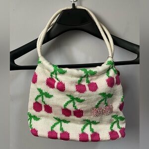 "SALK" bag of Crochet and cherries for women, cream white and pink